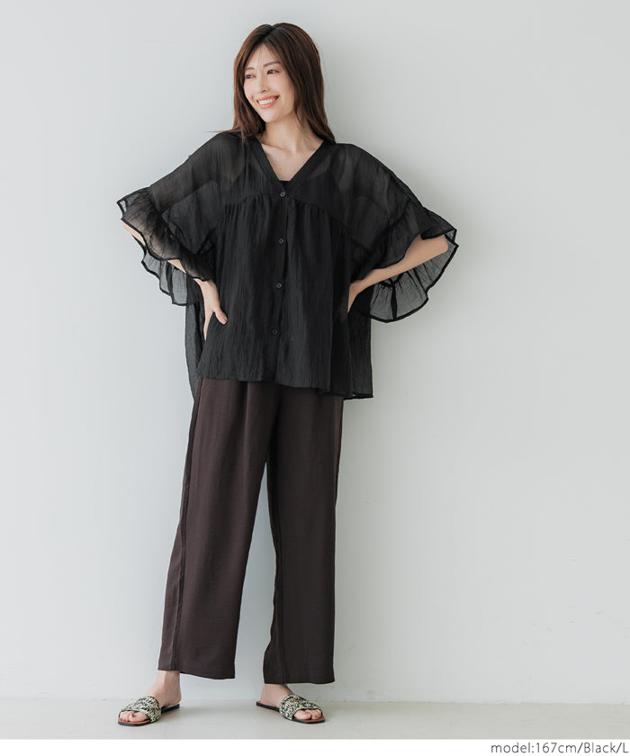 Airy Frill Sleeve Sheer Blouse