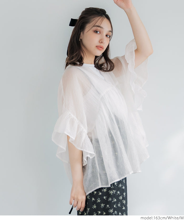 Airy Frill Sleeve Sheer Blouse