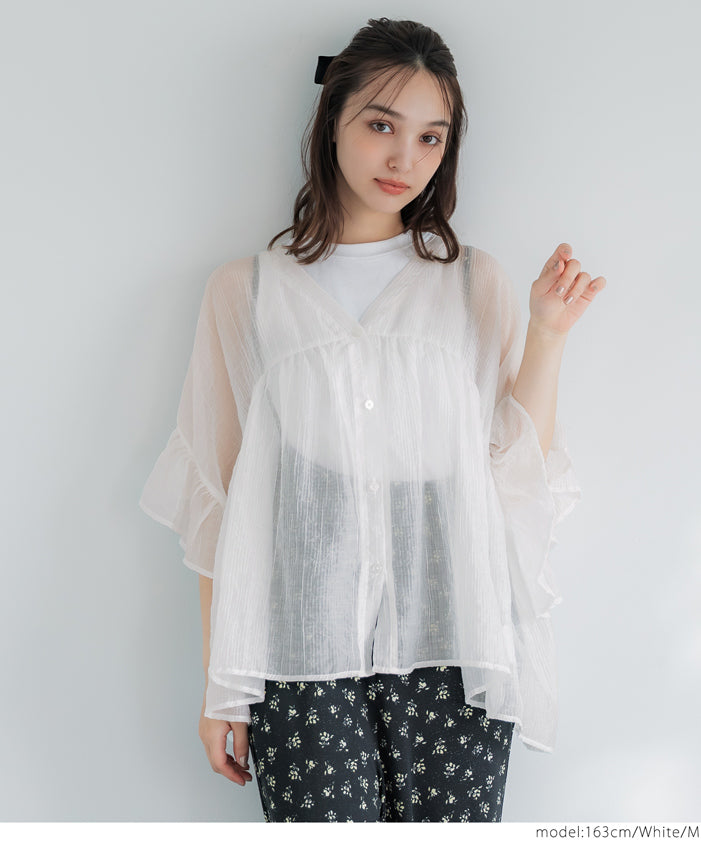 Airy Frill Sleeve Sheer Blouse