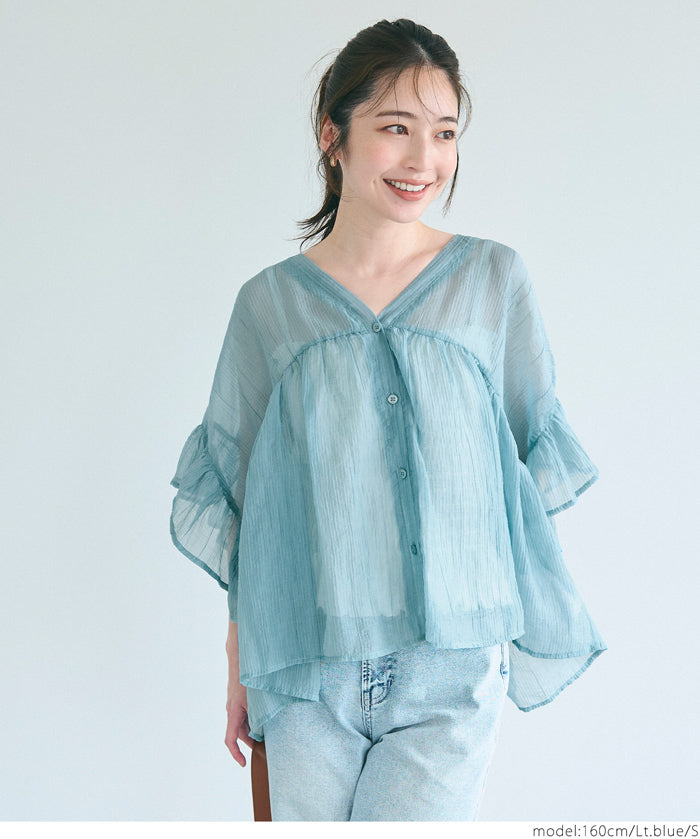 Airy Frill Sleeve Sheer Blouse