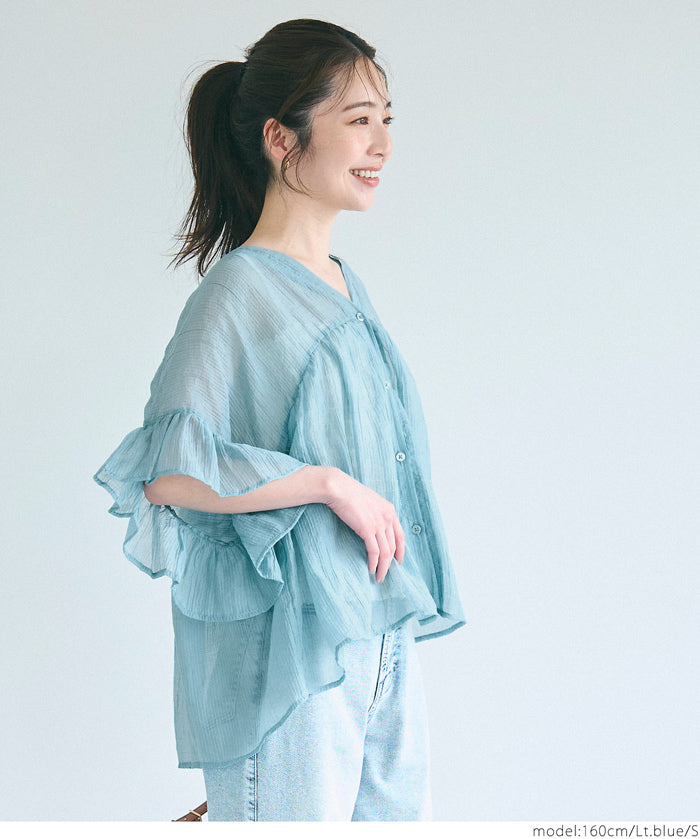 Airy Frill Sleeve Sheer Blouse