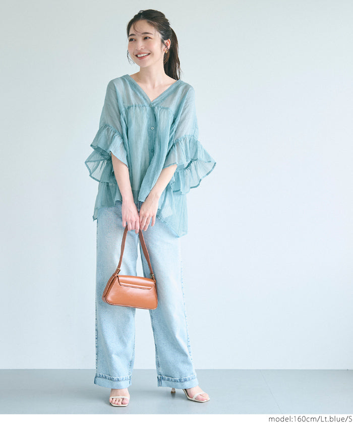 Airy Frill Sleeve Sheer Blouse