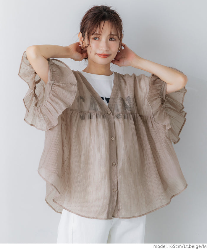 Airy Frill Sleeve Sheer Blouse