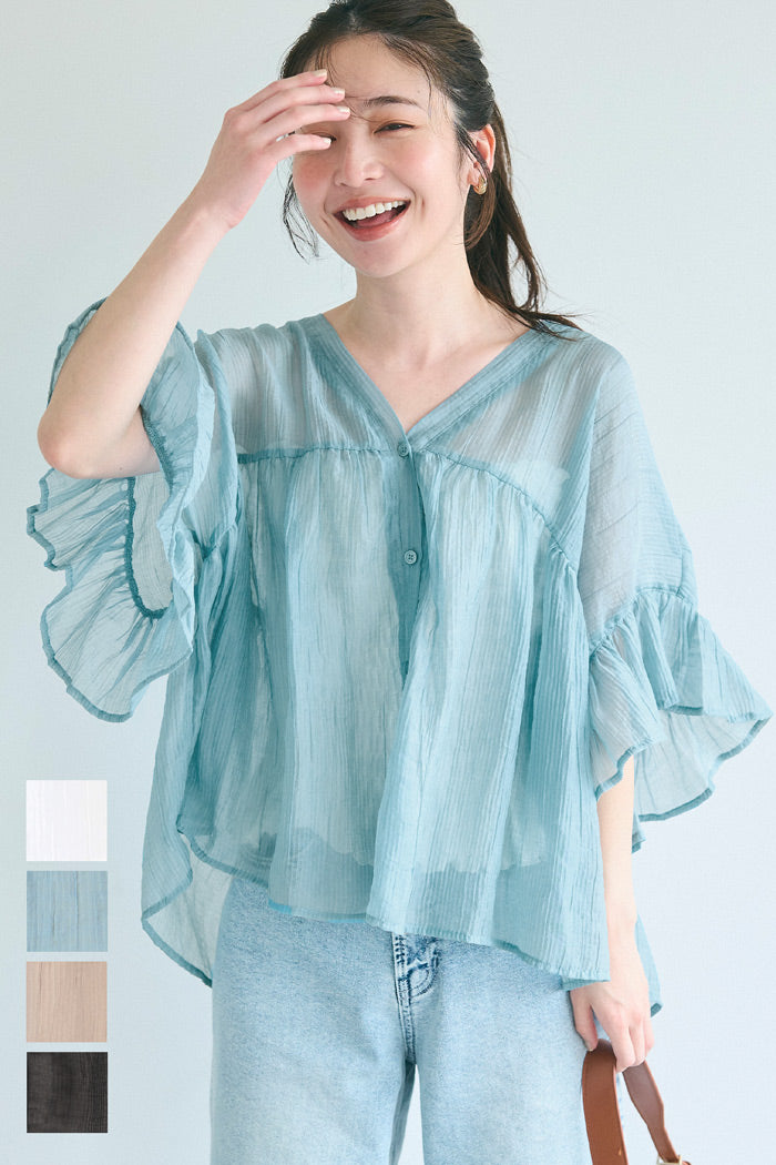 Airy Frill Sleeve Sheer Blouse