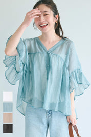 Airy Frill Sleeve Sheer Blouse