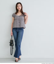 Forest Check Low Neck Puff Short Sleeve Top