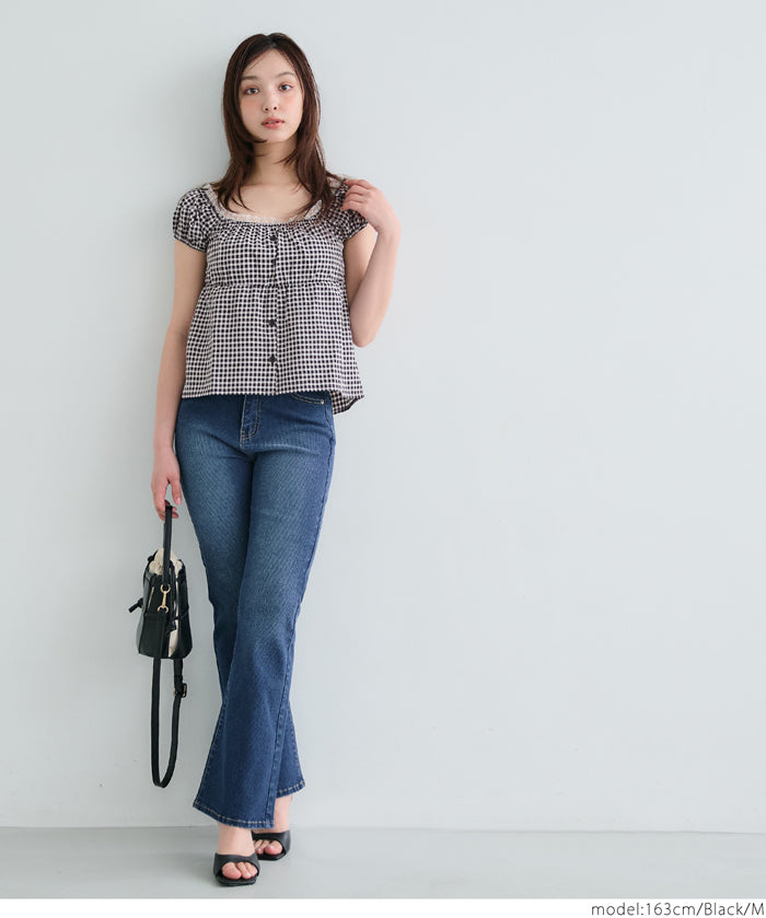 Forest Check Low Neck Puff Short Sleeve Top