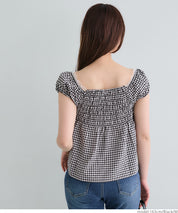 Forest Check Low Neck Puff Short Sleeve Top