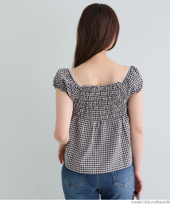 Forest Check Low Neck Puff Short Sleeve Top