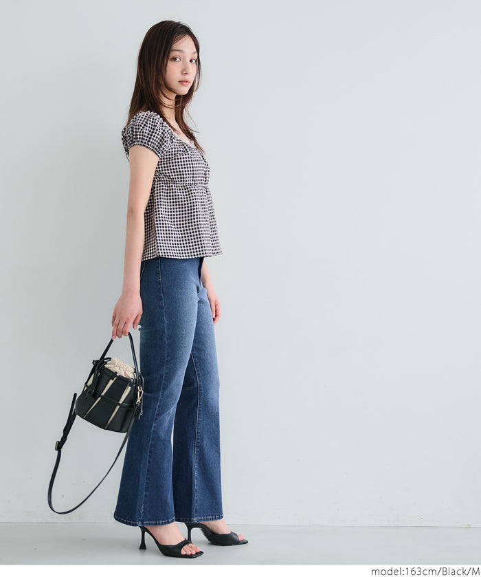 Forest Check Low Neck Puff Short Sleeve Top