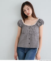 Forest Check Low Neck Puff Short Sleeve Top