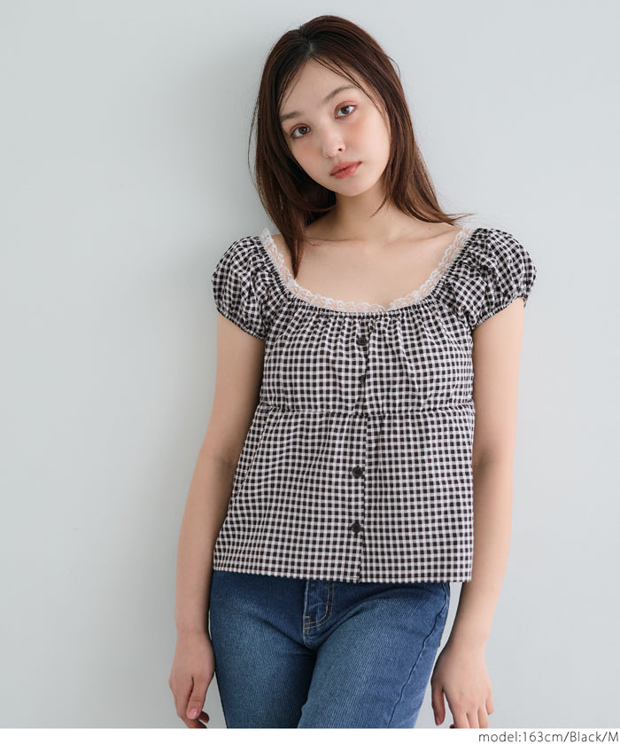 Forest Check Low Neck Puff Short Sleeve Top