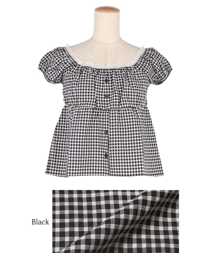 Forest Check Low Neck Puff Short Sleeve Top