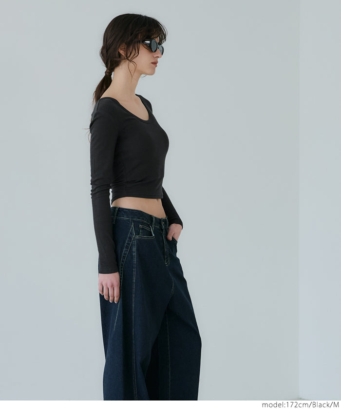 Threaded U-neck thin long-sleeved top