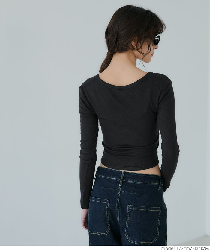Threaded U-neck thin long-sleeved top