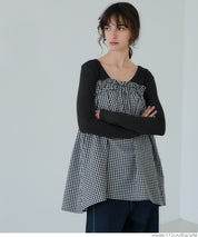 Threaded U-neck thin long-sleeved top