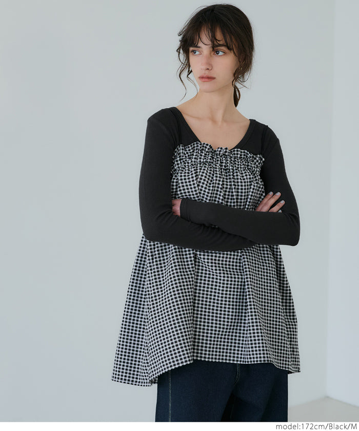 Threaded U-neck thin long-sleeved top