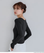 Threaded U-neck thin long-sleeved top