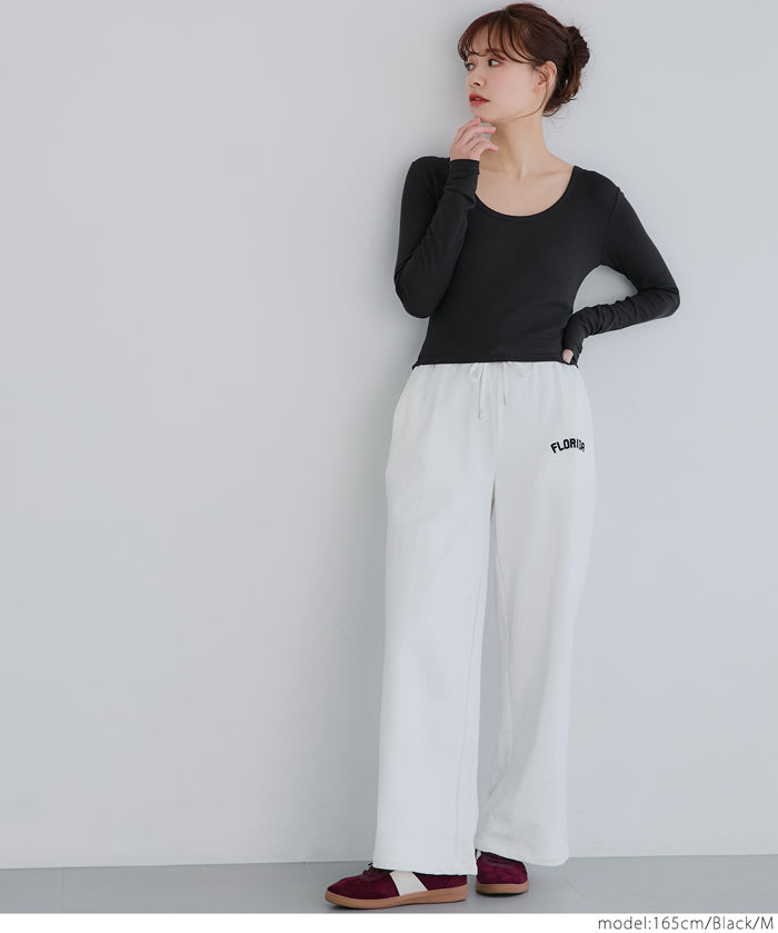 Threaded U-neck thin long-sleeved top