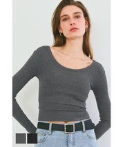 Threaded U-neck thin long-sleeved top