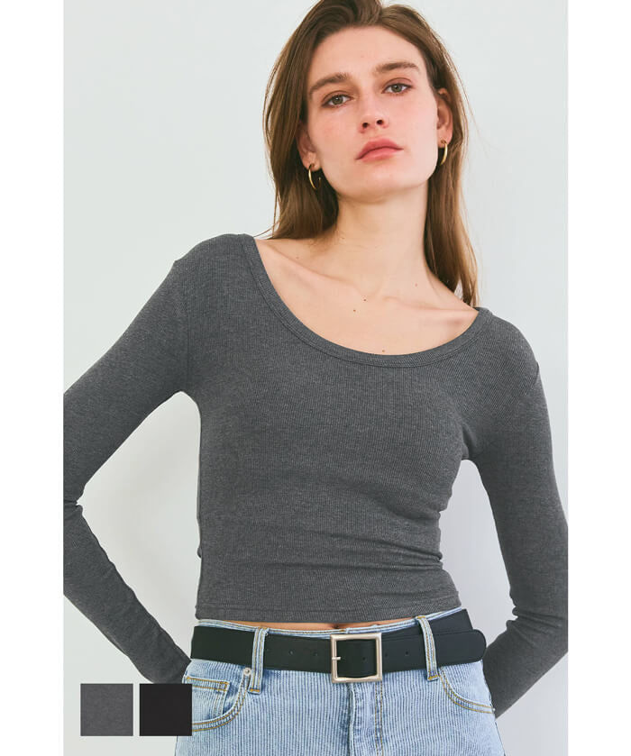 Threaded U-neck thin long-sleeved top