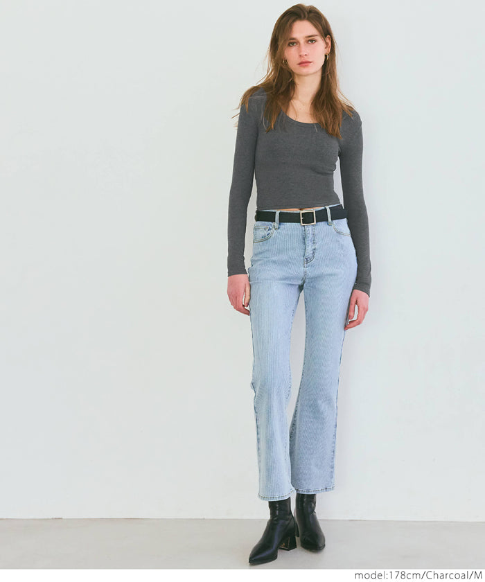 Threaded U-neck thin long-sleeved top