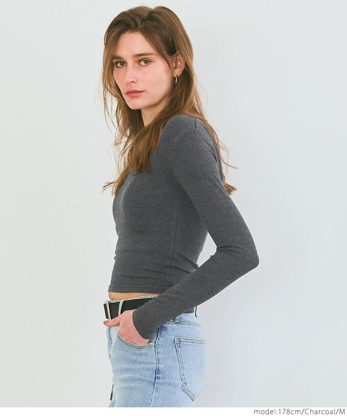 Threaded U-neck thin long-sleeved top