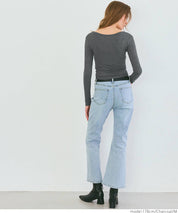 Threaded U-neck thin long-sleeved top