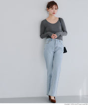 Threaded U-neck thin long-sleeved top