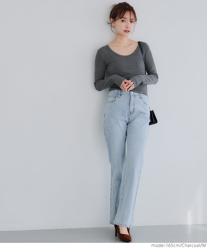 Threaded U-neck thin long-sleeved top