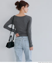 Threaded U-neck thin long-sleeved top