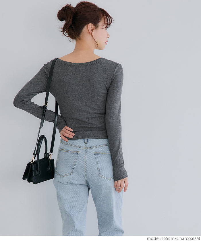 Threaded U-neck thin long-sleeved top