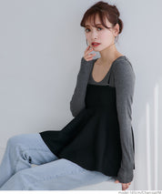 Threaded U-neck thin long-sleeved top