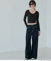 Threaded U-neck thin long-sleeved top