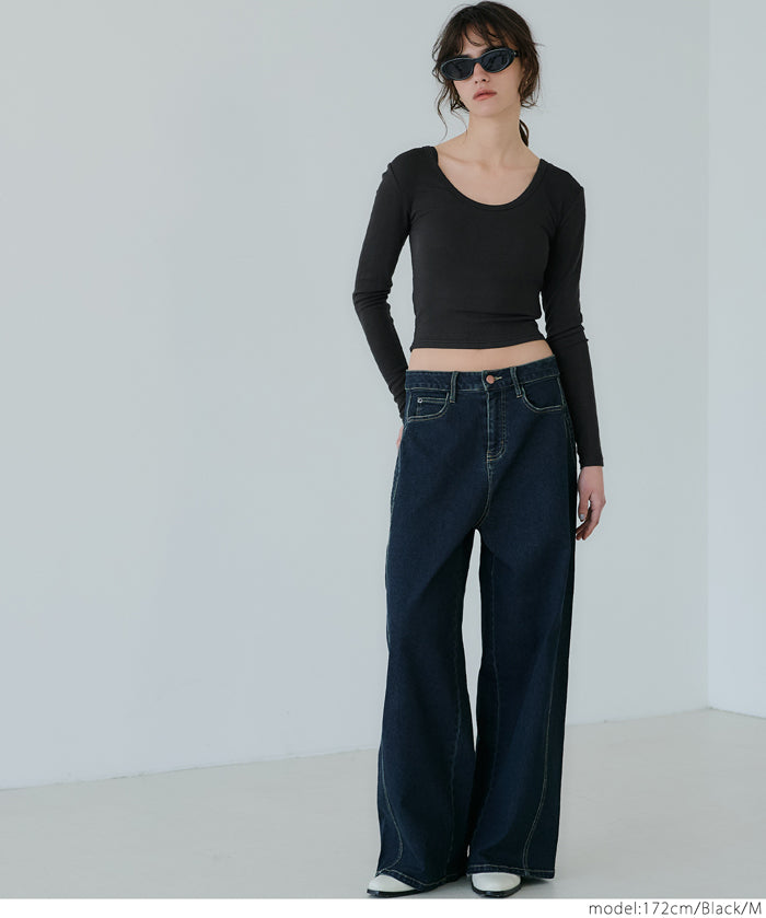 Threaded U-neck thin long-sleeved top