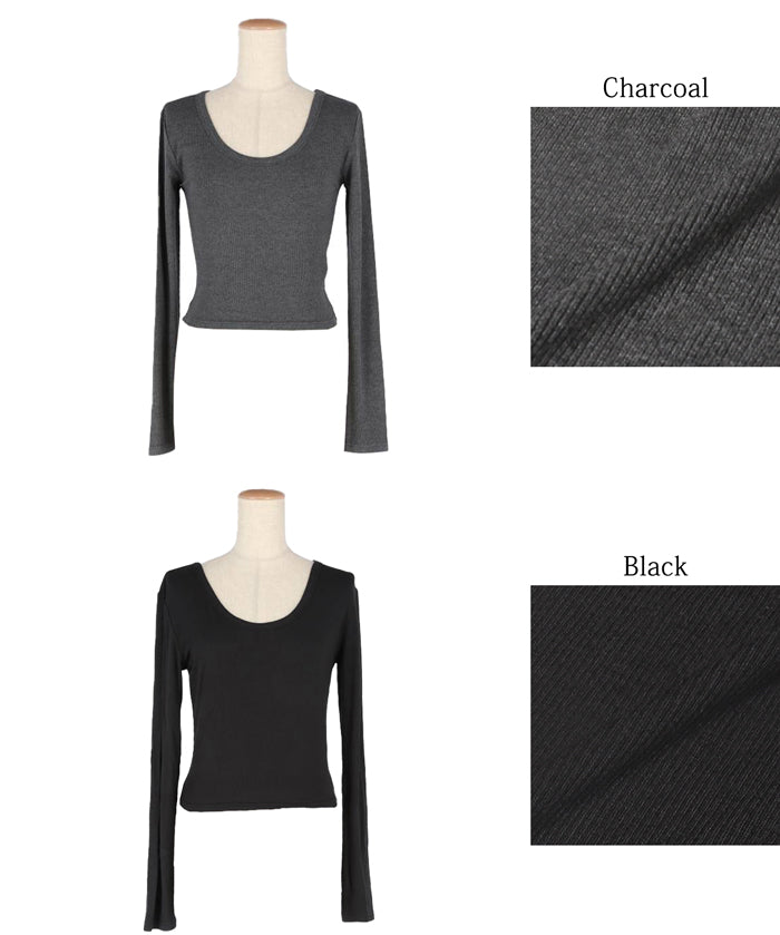 Threaded U-neck thin long-sleeved top