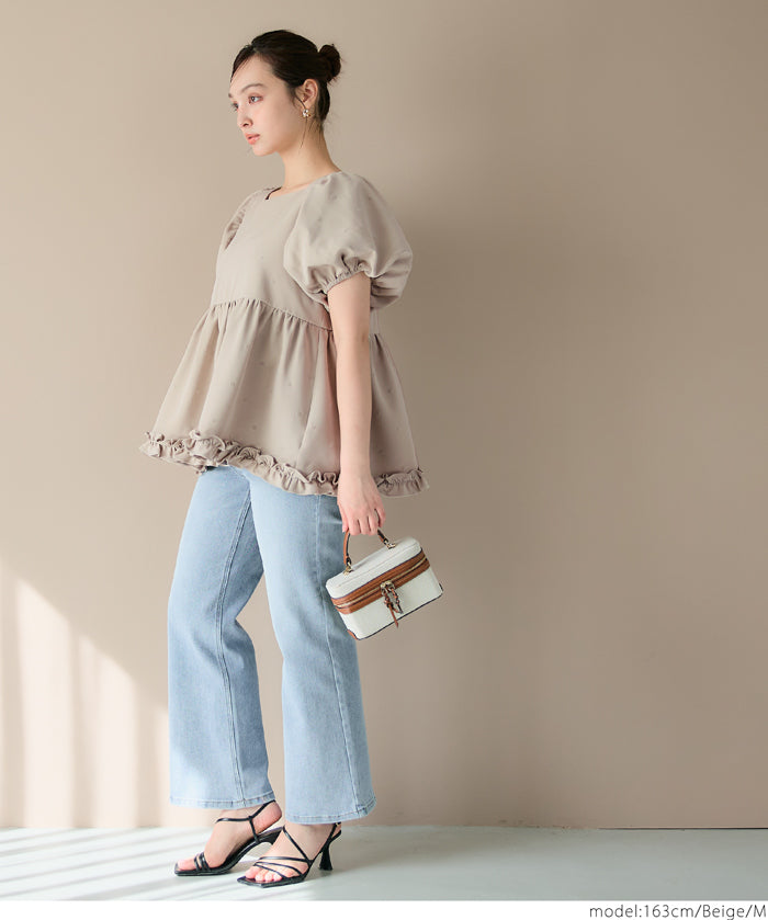 Japanese cute square collar princess sleeve wrinkled baby doll top