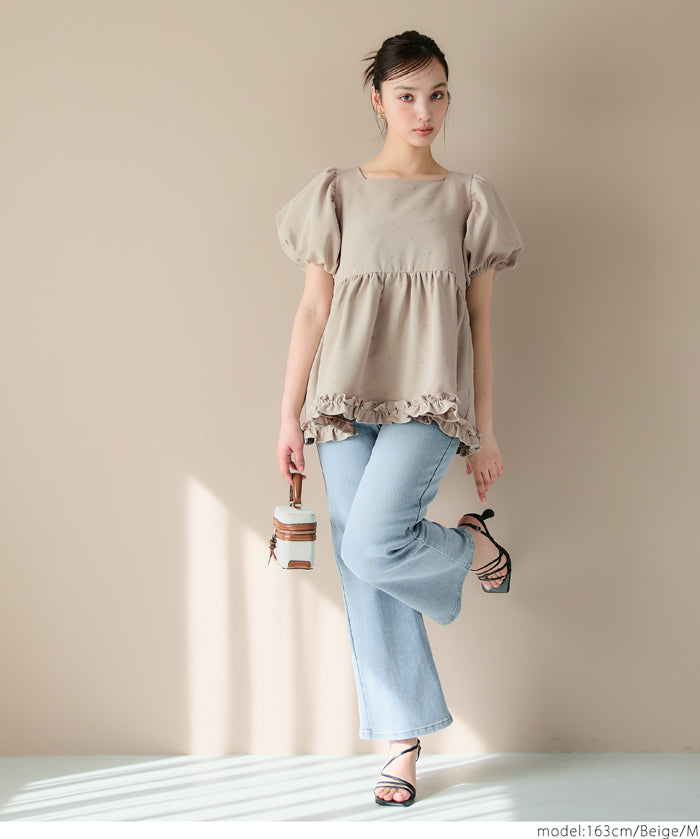 Japanese cute square collar princess sleeve wrinkled baby doll top