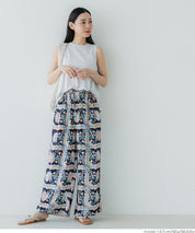 Ethnic style plaid pattern casual wide pants