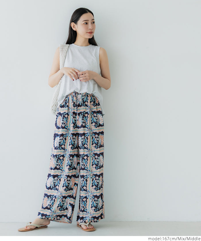 Ethnic style plaid pattern casual wide pants