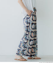 Ethnic style plaid pattern casual wide pants