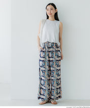 Ethnic style plaid pattern casual wide pants