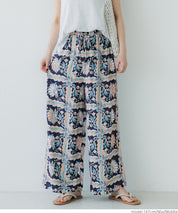 Ethnic style plaid pattern casual wide pants