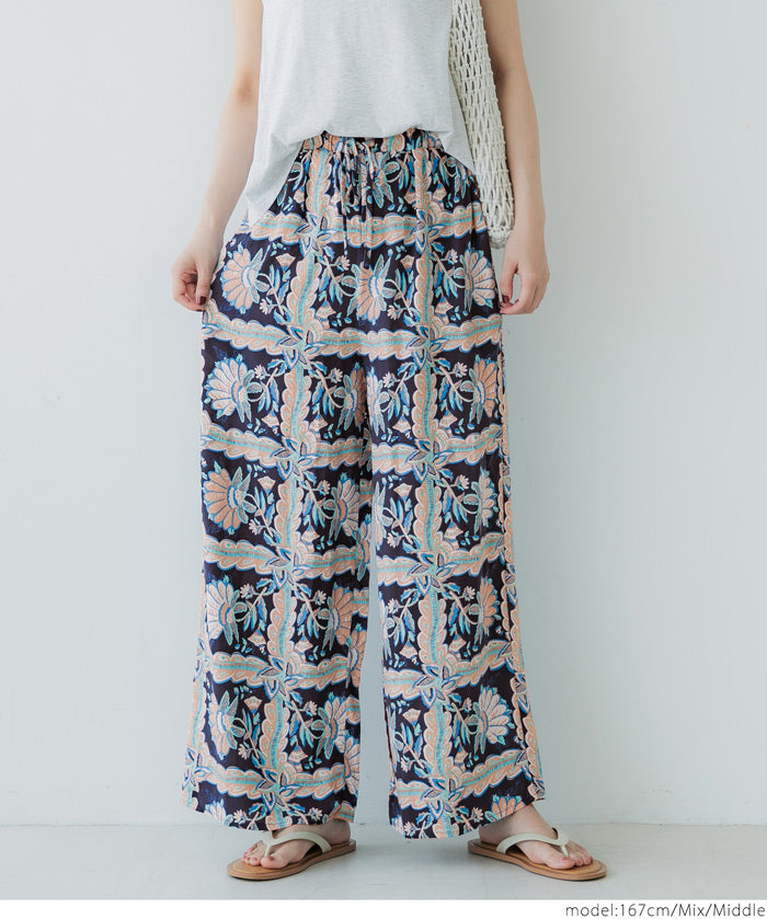 Ethnic style plaid pattern casual wide pants