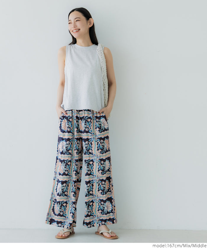 Ethnic style plaid pattern casual wide pants