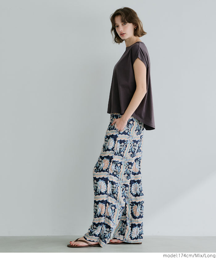Ethnic style plaid pattern casual wide pants