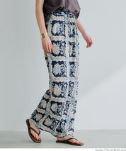 Ethnic style plaid pattern casual wide pants