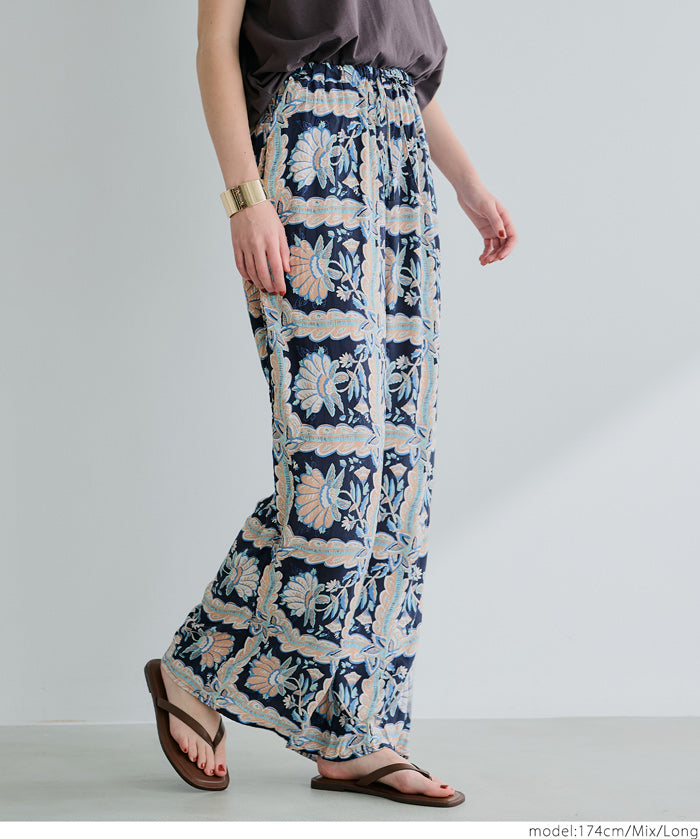 Ethnic style plaid pattern casual wide pants