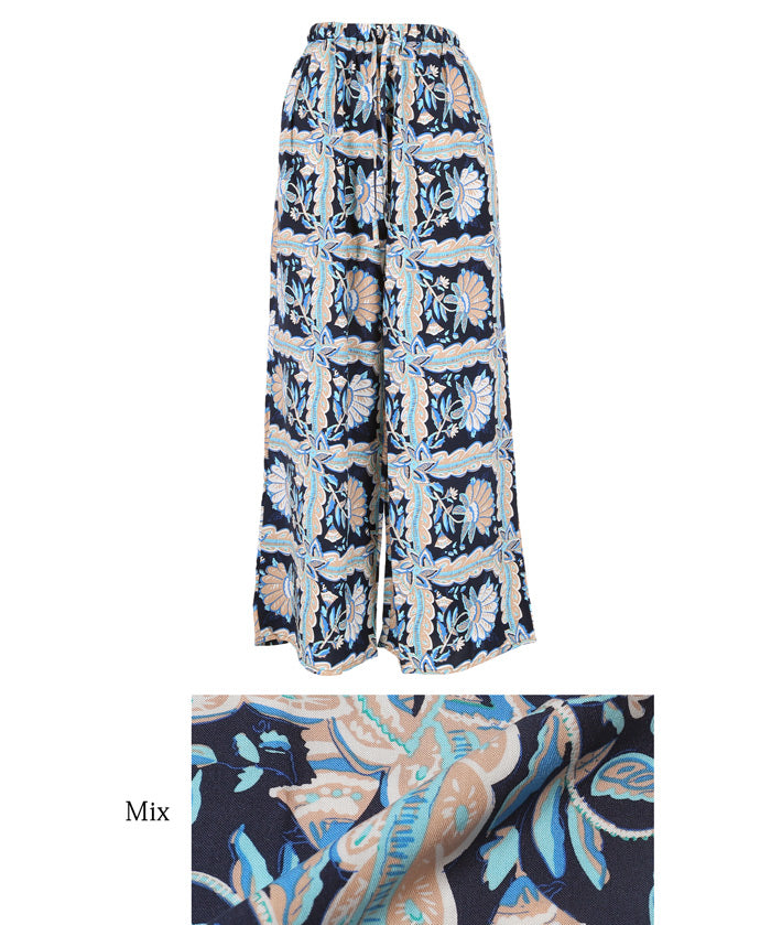 Ethnic style plaid pattern casual wide pants