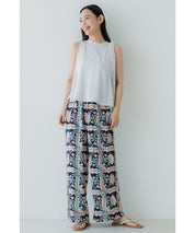 Ethnic style plaid pattern casual wide pants